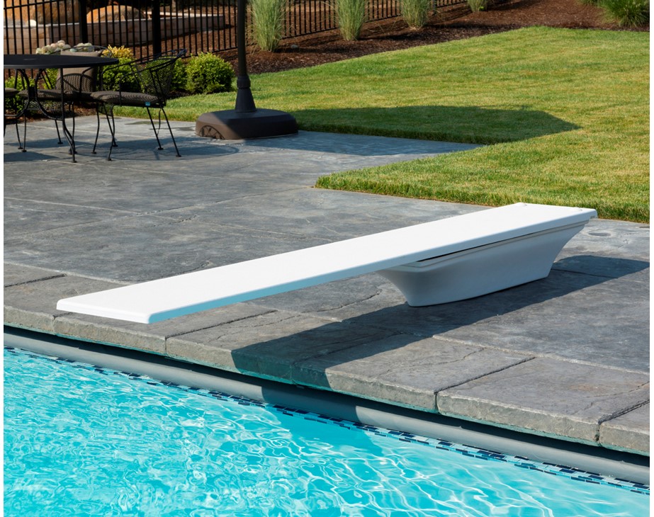 Flyte-Deck II Diving Stand by S.R.Smith Thumbnail for A white Flyte-Deck II diving board on a swimming pool